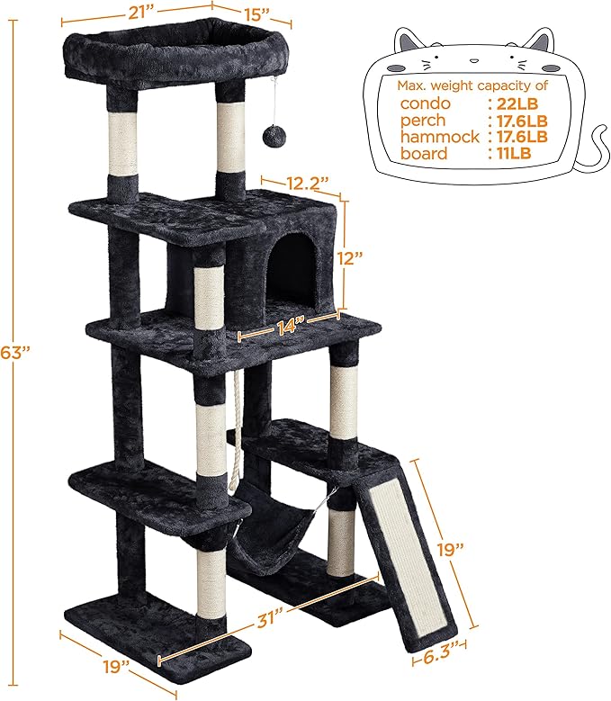 Topeakmart 63in Cat Tree, Large Cat Tower Furniture w/Cat Condo, Padded Platform & Sisal-Covered Scratching Post, Stable Cat Tower Pet Play House, Black