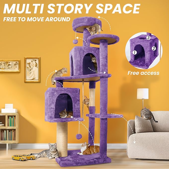 59in Large Cat Tree Tower for Indoor Cats with Soft Plush Hang Ball, Two Condos, Sisal Scratch Posts & Rope Play for Kittens/Adult Cats, Purple