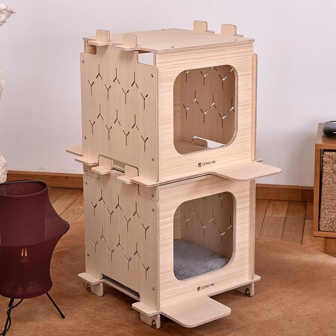 Multi-Functional Wooden Creative Cat Condo, Cat Bed, Natural Wood Cat Tower with Scratching Post, Multi-Level Cat Tree House for Cats，Cat Climbing Ladder,Cat Caves,Cat Box
