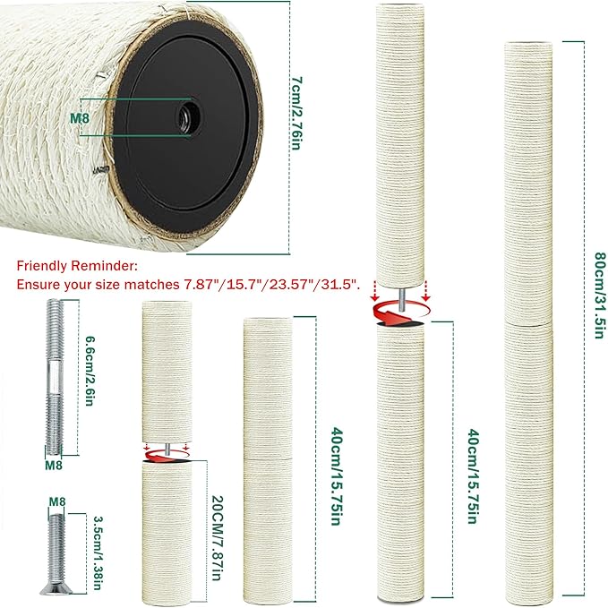 Cat Scratching Post Replacement Pole, 4 PCS 15.7“ 7.9" Cat Tree Replacement Post, Natural Sisal Cat Tree Replacement Parts with M8 Screws (15.7in/40cm+7.87in/20cm, M8*4poles)