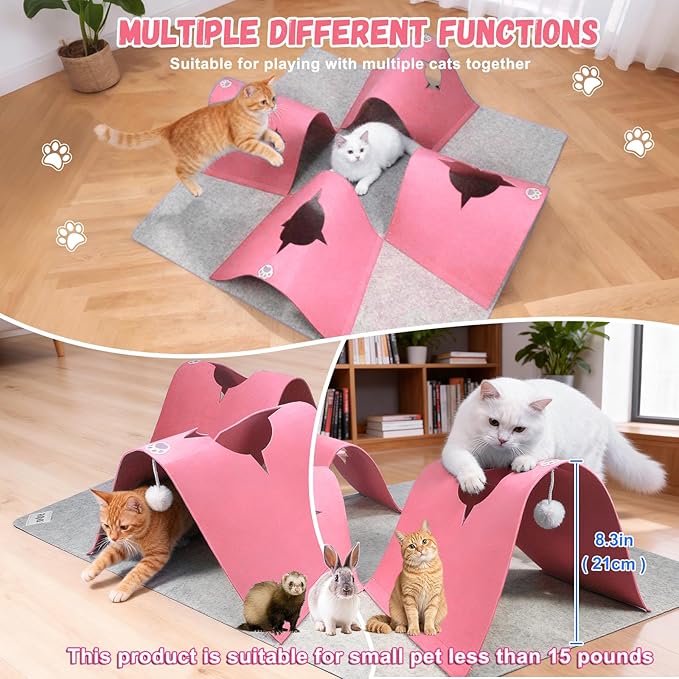 35.4" Large Interactive Felt Cat Activity Play Mat – Ripple Style Hide & Seek Tunnel with Hanging Ball, Foldable Snuffle Mat for Indoor Cats, Kittens, Rabbits, Small Pets, Pink
