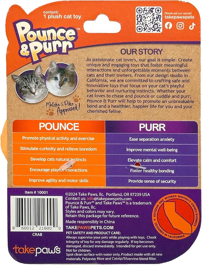 Pounce & Purr® Plush Cat Toys, Catnip & Silvervine Infused, Shiny Iridescent Accents, Interactive Play Toys for Cats & Kittens (Crab)