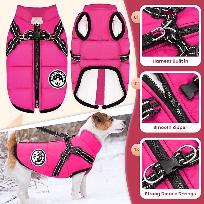 PETCARE Winter Dog Coat with Harness Built in Waterproof Dog Jackets Warm Pet Fleece Vest Windproof Snow Jacket Snowsuit Reflective Dogs Cold Weather Coats for Puppy Small Medium Large Dogs Cats