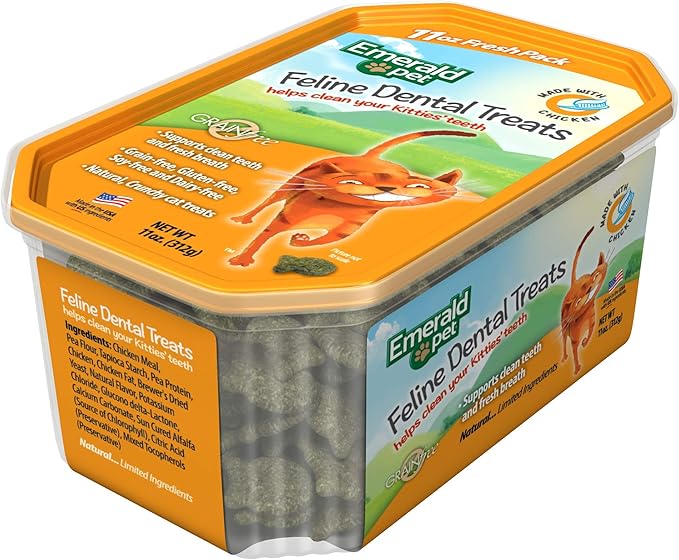 Emerald Pet Grain-Free Cat Dental Treats with Chicken – Crunchy Natural Dental Treats for Cats to Clean Teeth, Freshen Breath, and Reduce Plaque & Tartar – 11 oz Tub