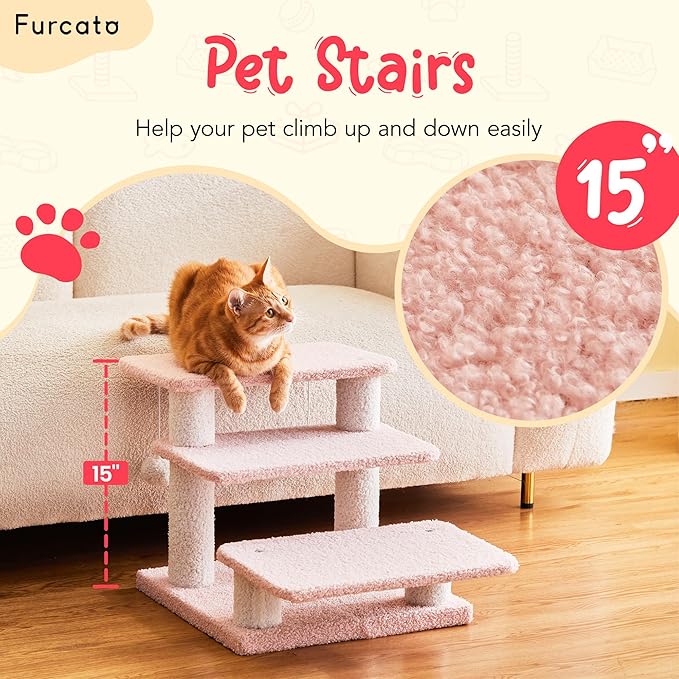 15''H Multi-Step Pet Stairs for High Beds & Sofas, 3-Step Cat Stairs with 2 Toy Balls, Wide Boards for Indoor Kittens Dogs Pets Climbing, Pink 2.0