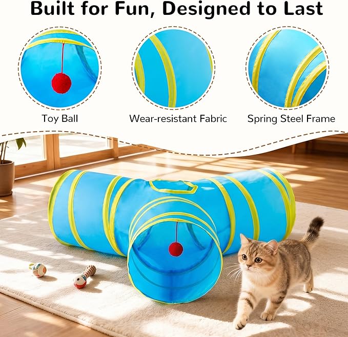 Tempcore Cat Tunnel for Indoor Cats, 3-Way Collapsible Play Tunnel with Teaser Wand, Peek Holes & Toy Ball, Small Pet Toy for Kittens & Rabbits, Blue & Yellow