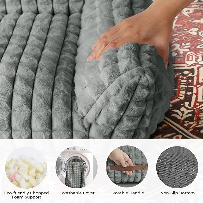 Cute Cat Couch Bed – Supportive & Fluffy Pet Sofa with Faux Rabbit Fur Washable Cover in 3D Diamond Pattern, 24" Grey