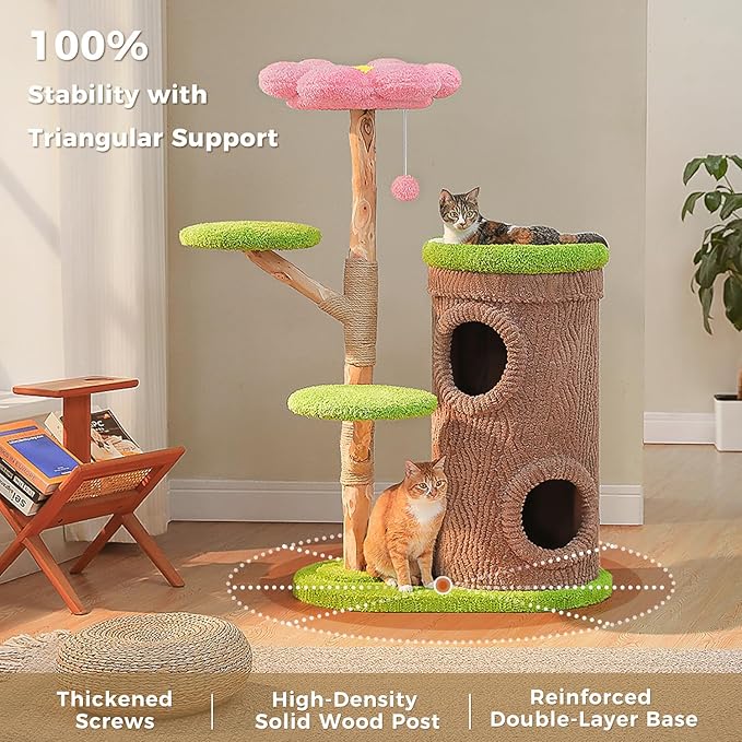 MUTTROS Wood Cat Tree with Flower Perch, 53.5" Modern Cat Tower w/Natural Solid Wood Scratching Post (φ3.8in), Large Heavy Duty Forest Cat Tree Furniture w/2 Condos for Indoor & Multi-Cat Household