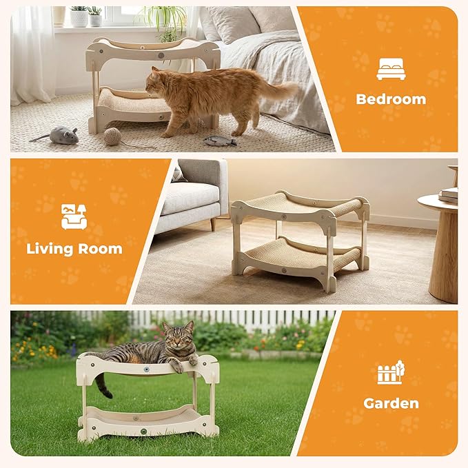 Two-Layer Sisal Cat Scratcher Bed - Large Scratching Board with Lounger Cat Scratch Pad, Sturdy Wooden Scratching Post for Indoor Kittens&Adult Cats, Easy Assemble Elevated Cats Bed Furniture
