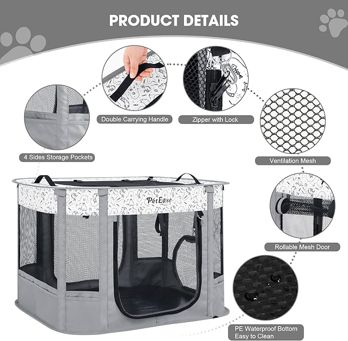 Portable Cat Playpen with Litter Box, Cat Enclosure for Camping, Cat Recovery Playpen After Surgery, Foldable Indoor Outdoor Pet Tent for Cats Rabbits Puppies (Light Gray)
