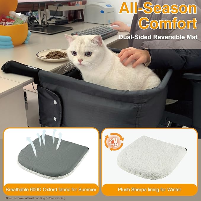 Cat Desk Bed with Cooling Mat for Summer Heavy Duty Cat Bed for Desk Attachment for Large Cats 50 lbs Extra Sturdy Dog Chair Dual-Sided Mat Waterproof Easy Assembly for Gaming Desk Kitchen Island Gray