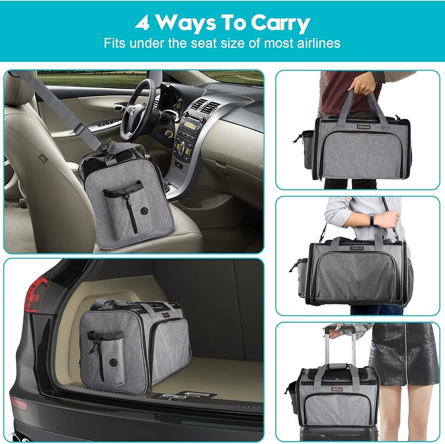 Pet Carriers Soft-Sided Carrier,Ventilation,4 Zipper Opening Grows Extra Room,Padded Mat Bottom,for Cat,Puppy, Grey