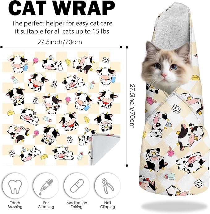 27.6"Cat Grooming Wrap, Self Adhesive Cat Wrap for Cutting Nails, Anti-Escape Calming Cat Swaddle Wrap for Medicine Ear Cleaning, Cow Anti-Scratch Cats Burrito Restraint Blanket, Pet Tool (6-10 lbs)