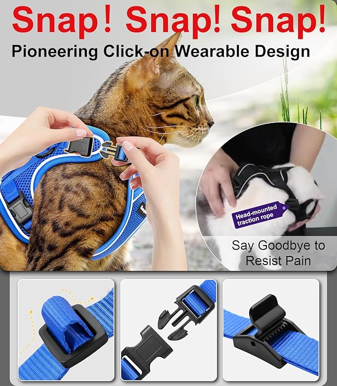 Cat Harness and Leash for Walking Escape Proof Soft Adjustable Cat Leash Breathable Comfortable Vest Easy to Wear Kitten Harness for Outdoor Travel (Blue, XS (4-6lb))