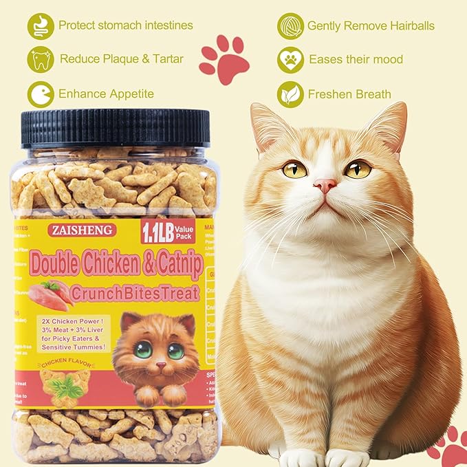 17.6 oz Cat Grass Treats for Indoor Cats - Hairball Control Natural Chicken & Catnip Flavor Healthy Kitten Snacks Crunchy Training Biscuits for Dental Cleaning