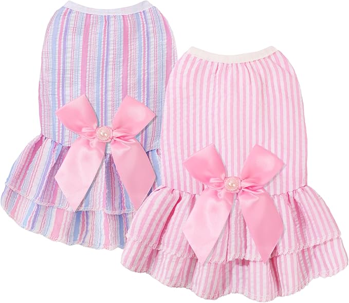 Dog Dress, Cute Pet Princess Dresses with Bright Color Design, Sweet Bowknot, Dog Clothes for Small Dogs Girl, Breathable & Lightweight, for Spring Summer, 2 Pack (Pink Purple, Medium)