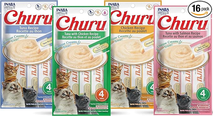 INABA Churu Lickable Purée Natural Cat Treats (Tuna and Chicken Variety Pack, 16 Tubes)
