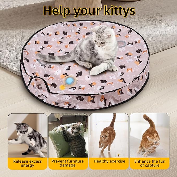 ETACCU Interactive Cat Toys Ball, Automatic Fast Rolling Ball in Play Mat, Hide and Seek Mouse Catching Game for Indoor Adult Cats, 3 Modes Motion Chirping Activated Moving Toy with LED Lights