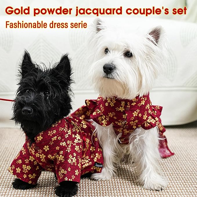 MAMORE Dog Shirts Dress, Elegant Embroidery Couple Dog Clothes for Girl Boy Small Medium Dogs Puppy Cats Set (Red Shirt, Large)