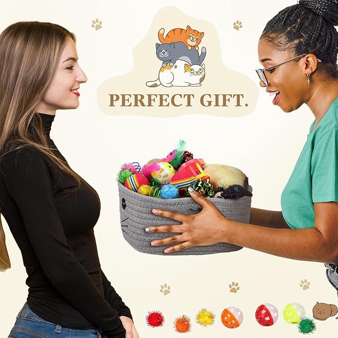 Zopeal 58 Pcs Summer Graduation Cat Storage Basket Gift Toys Set, Colorful Flashing Balls Pet Bell Crinkle Balls Spring Toys Attract Cat to Swat, Hunt, Interactive for Pet(Grey,9.8 Inch)