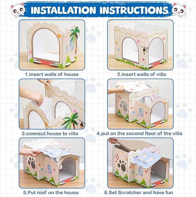 Lineshading 2 Story Cardboard Cat House with Scratcher Pad, Multi Level Durable Cat Scratcher House for Small Kitten Bunny Rabbit Animals Christmas Birthday Gift(17x12x10,Beach)