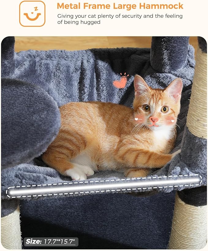 MUTTROS Cat Tree for Indoor Cats, 45.7" Multi-Level Cat Tower with Large Metal Frame Hammock, Cat Condo with 4 Scratching Posts and Top Perch for Small Medium Cat, Dark Grey