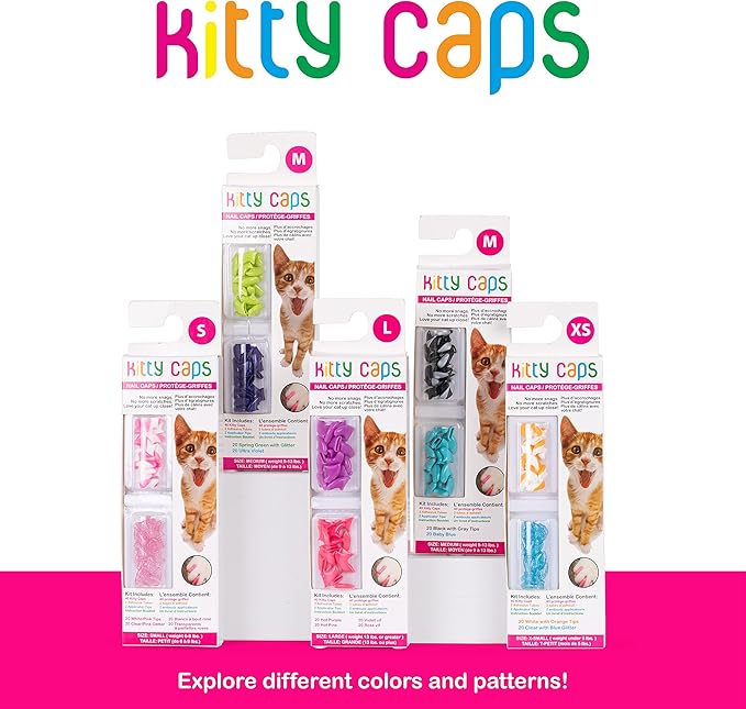 Kitty Caps Nail Caps for Cats | Safe, Stylish & Humane Alternative to Declawing | Stops Snags and Scratches, X-Small (Under 5 lbs), White with Orange & Clear with Blue Glitter, 40 Count