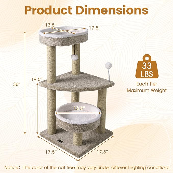 PETSITE 36-inch Modern Cat Tree, Multi-Level Cat Tower with Scratching Posts, 2 Comfy Cat Beds, Interactive Hanging Ball, and Spring Toy, Ideal for Indoor Cats and Kittens