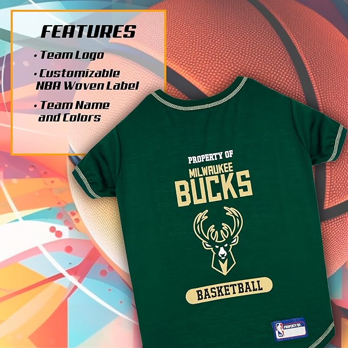 Pets First Cute Dog T-Shirt, X-Small - NBA Milwaukee Bucks Dog & Cat Shirt with Basketbal Team Logo. A Comfortable & Fashionable Yet Durable Pet Outfit, Sporty Dog Shirt
