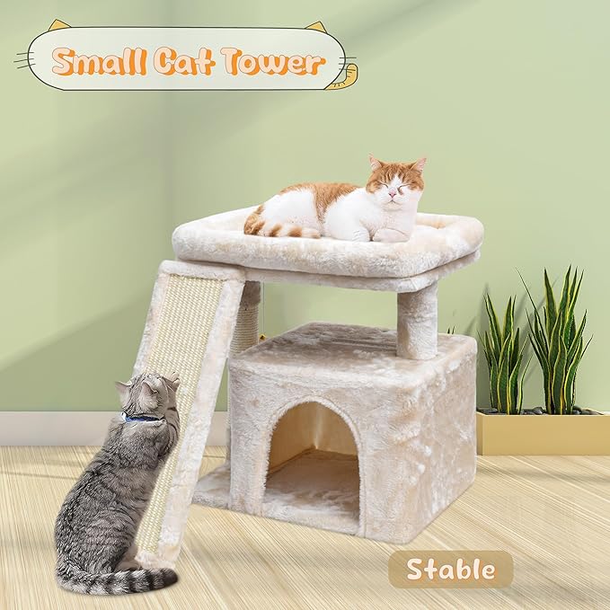 Small Cat Tree for Indoor Cats, Cat Tower with Scratching Post, Perch and Cozy Condo for Kittens and Adult Pets (Beige)
