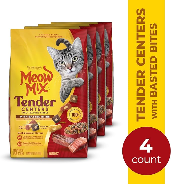 Meow Mix Tender Centers Dry Cat Food with Basted Bites, Beef & Salmon Flavors, 3 Pound Bag (Case of 4)