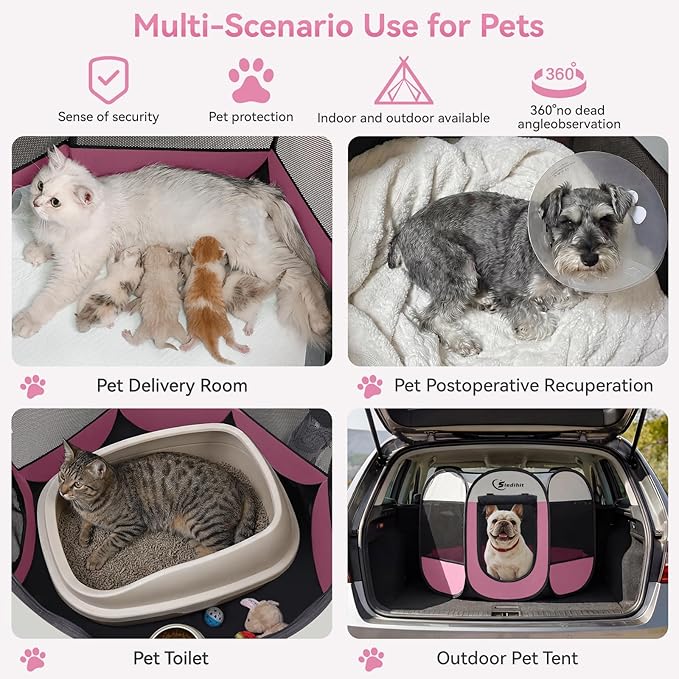 Siedihit Pink Puppy Playpen for Middle Dog Cat, Dog Tent Crates Cage Indoor/Outdoor, Portable Pop Up Dog Kennel with Carrying Bag for Rabbits, (Pink, Medium)