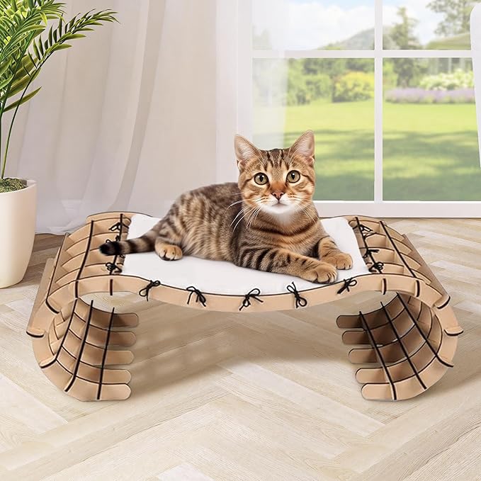 Jerry & Maggie Cat Hammock Bed for Cat Lounger, Wood Cat Beds for Indoor Cats, Cute Kitty House Furniture Toy with Soft Cozy Washable Removable Seat for Sleeping Playing and Lounging