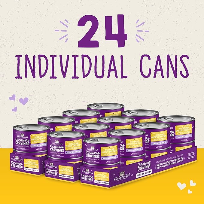 Stella & Chewy's Carnivore Cravings Savory Shreds Cans – Grain Free, Protein Rich Wet Cat Food – Cage-Free Chicken & Chicken Liver Recipe – (5.2 Ounce Cans, Case of 24)