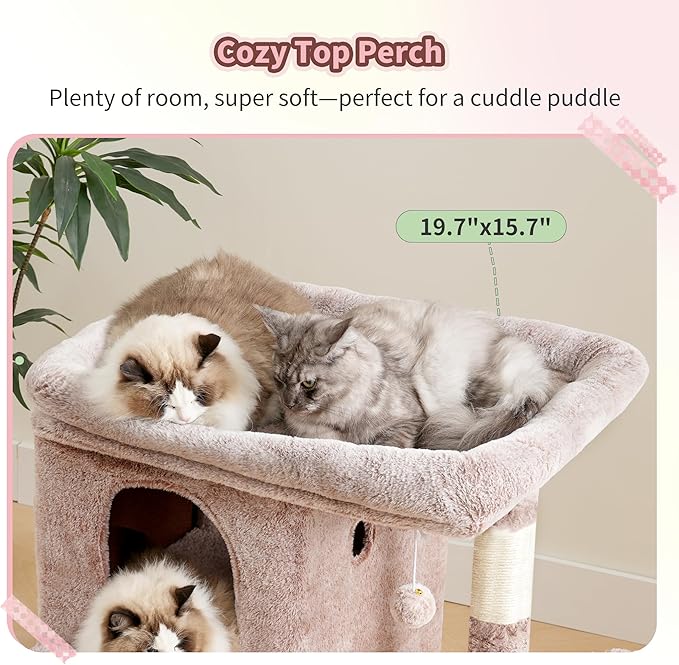 Heybly Cat Tree, 26.3-inch Cat Tower with Spacious Top Perch for Large Cats, Stair-Style Cat House Furniture with Dual-Layer Condos, Sisal Scratching Posts, Cozy Basket & Pompom, Muchroom HCT204SMU