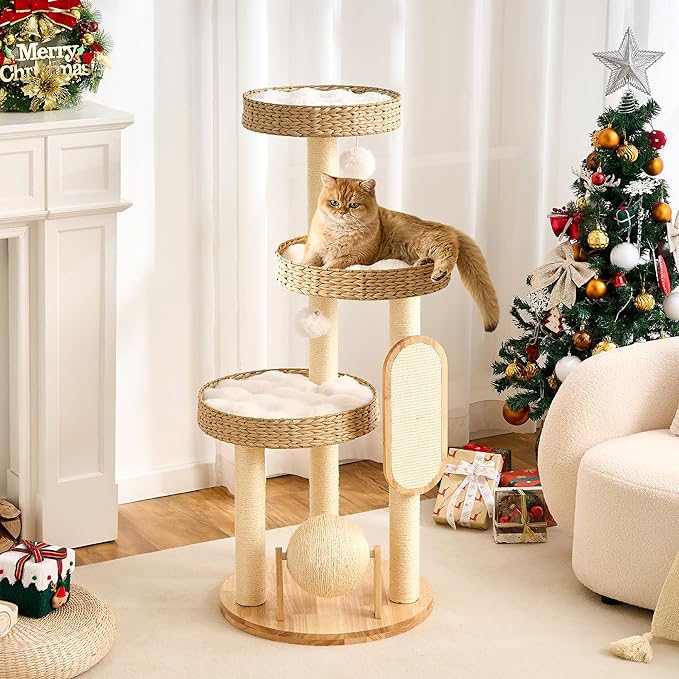 797Audio Wood Modern Cat Tree for Large Cat, 47" Tall Cat Tower with Scratching Posts, Cat Beds, Aesthetic Multi-Level Cat Climbing Tree with Hand-Woven Bed for Adult Indoor Cats