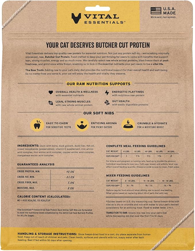 Vital Essentials Freeze Dried Cat Food, Raw Duck Soft Nibs | Complete Meal or Topper | 99% Duck, Organs & Bone | Limited Ingredient, High Protein, Grain Free Dry Cat Food | 12 oz Bag