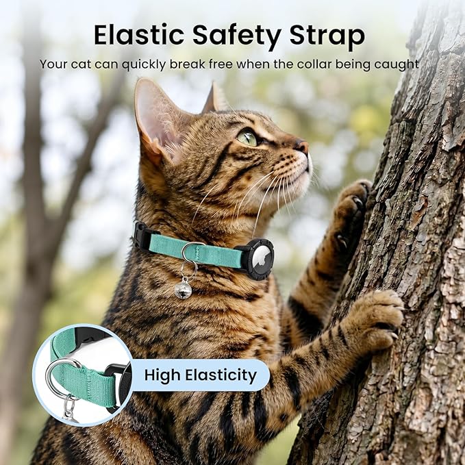 Reflective AirTag Cat Collar, Integrated Cat Tracker Collar with Air Tag Holder and Bell, Safety Elastic Band Cat GPS Collars for Girl Boy Cats, Kittens and Puppies (Green,S)