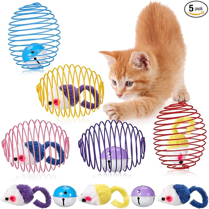 Jecery 5 Pcs Cat Spring Balls Toys Stretchable Rolling Balls Colorful Playful Coils Interactive Action Toy Caged Rats for Kitten Pet Supplies (Mouse and Bell,Mix Colors)