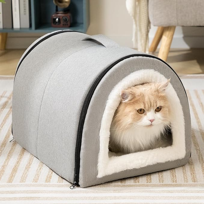 Hollypet Cat Bed Self-Warming 2 in 1 Foldable Kitty Cave Hut House Nest Pet Sleeping Bed, Linen Pet Condo for Indoor Cats, Gray Arched Cave