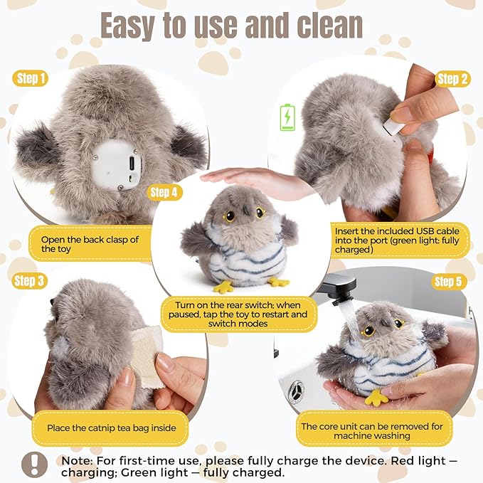 Cat Toys Flapping Bird Cuckoo, Touch Activated Interactive Cat Kicker with 3 Modes, Catnip Pouch, Type-C Rechargeable, Realistic Chirping, Self-Stop, Washable Fur Cover