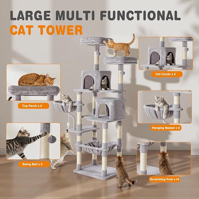 71in Extra Large Cat Tree Tower, Multi-Level Tall Cat Tower with Scratching Post/Hammock/Plush Condo/Pompoms/Wide Base, Heavy Duty Cats Tree for 20lb+ Large Adult Cats/Kittens, Light Grey