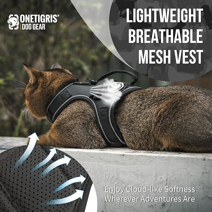OneTigris Cat Harness and Leash - Escape Proof Soft Adjustable Cat Harness, Breathable, Comfortable, Durable Water-Resistant Tactical Vest with Reflective Strips and Pocket for Cat Tracker