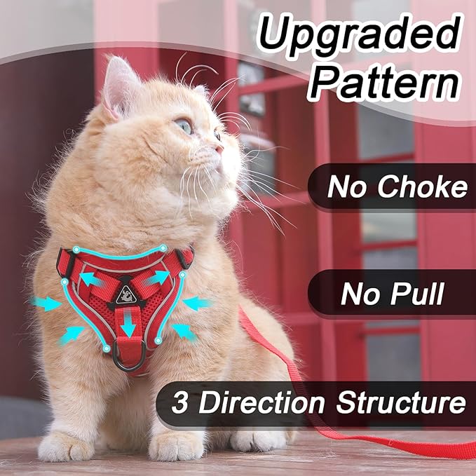 Vest Harness Leash Set for Small Dog Large Cat Outdoor Walking, Upgraded Escape Proof Adjustable Jacket with Lead for Puppy Fat Cat, Soft Breathable Mesh Coat with Reflective Strip, XL Red