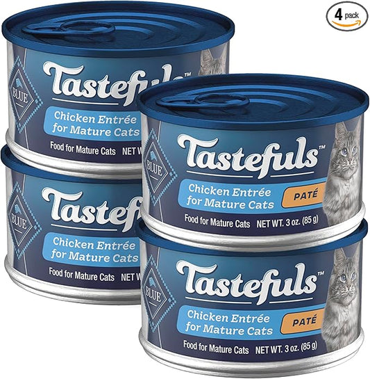 Blue Buffalo Tastefuls Wet Food for Mature Adult Cats 7+, Made with Natural Ingredients, Chicken Paté Entrée, 3oz Cans, 4Pack Trial Size