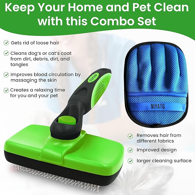 Pet Self Cleaning Slicker Brush and Pet Hair Removal Glove. A dog brush also a cat brush for Shedding,De-shedding, Massaging for Long and Short Haired Dogs, Cats.The Cleaning Glove has Improved Design