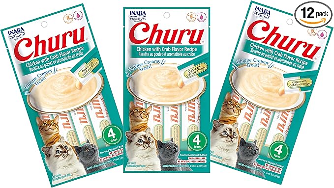 INABA Churu Cat Treats, Grain-Free, Lickable, Squeezable Creamy Purée Cat Treat/Topper with Vitamin E & Taurine, 0.5 Ounces Each Tube, 12 Tubes (4 per Pack), Chicken with Crab Recipe