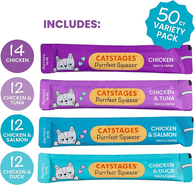 Catstages Purrfect Squeeze Lickable Cat Treats, Creamy Purée Squeezable Treat & Topper, 0.5 oz Tubes, 50-Count, 4-Flavor Variety Pack