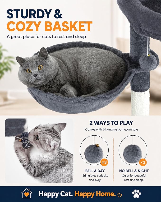 Multi-Level Cat Tree Tower for Indoor Cats, 67 inch Tall XL Heavy Duty Climbing Tower with 3 Large Platform, Scratching Post, Hammock, Kitty Condo for Multiple Cats, Extra Large Cat Trees, Dark Grey
