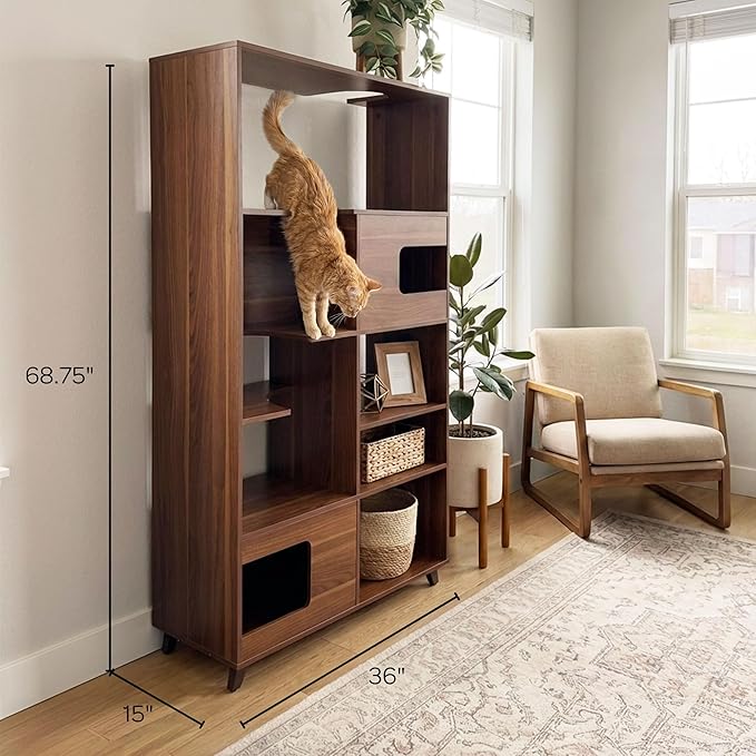 4 Cats & Dogs Clifford Cat Tree Bookshelf – Modern Pet Condo with Climbable Shelves, Multi-Level Tower, Indoor Dog Furniture, Space-Saving Bookshelf & Pet Nooks, 69”H x 36”L x 15”D (Walnut)